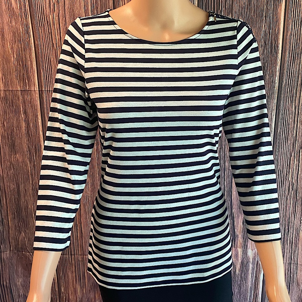 The Limited small dark navy blue white horizontal striped quarter sleeve